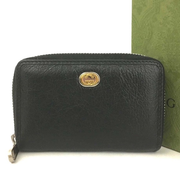 Authentic GUCCI Interlocking G Black Leather Zip Around Compact Wallet W/ Box - Picture 1 of 7